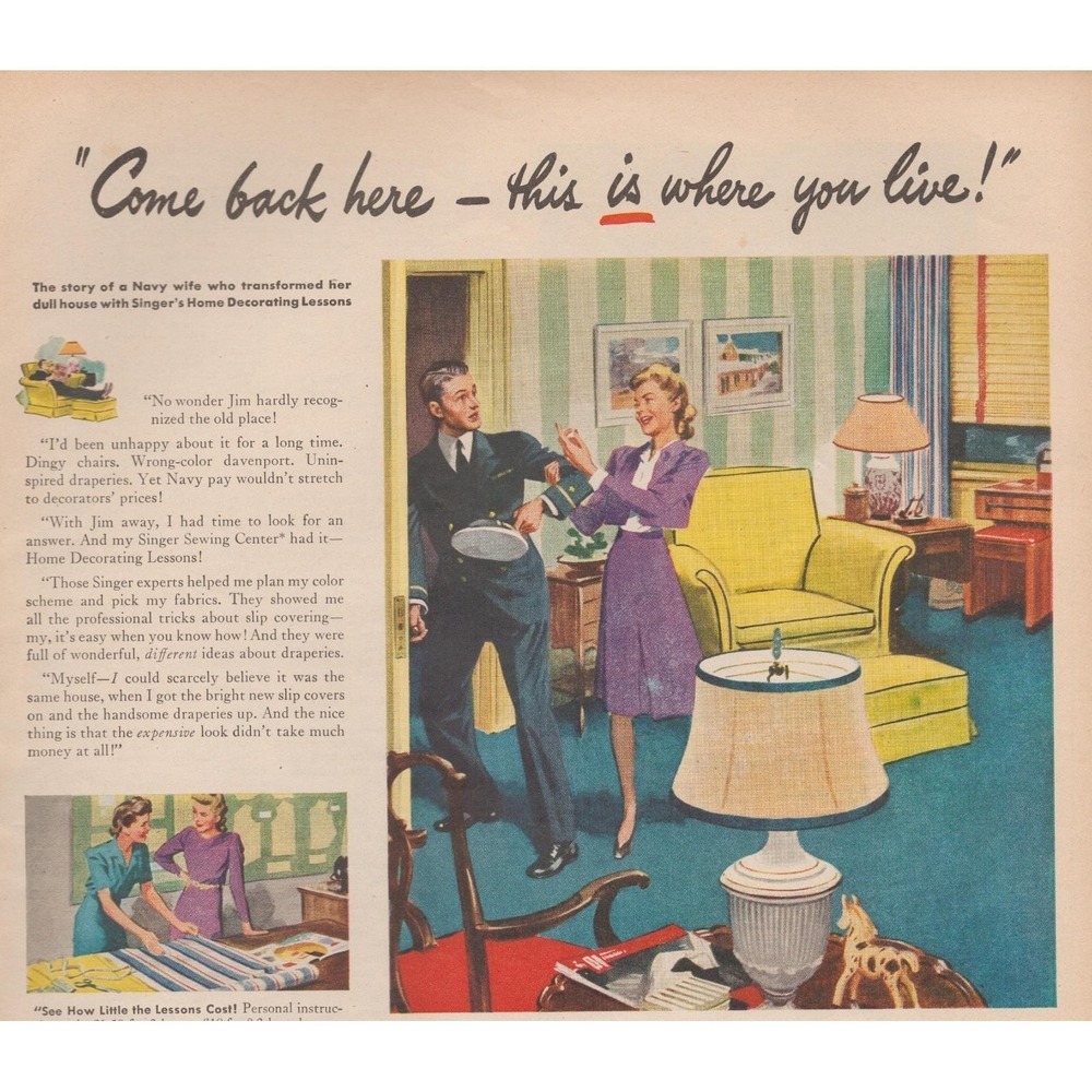 Vintage 1945 Singer Sewing Machine Print Ad Navy Wife World War 2 Era Decor